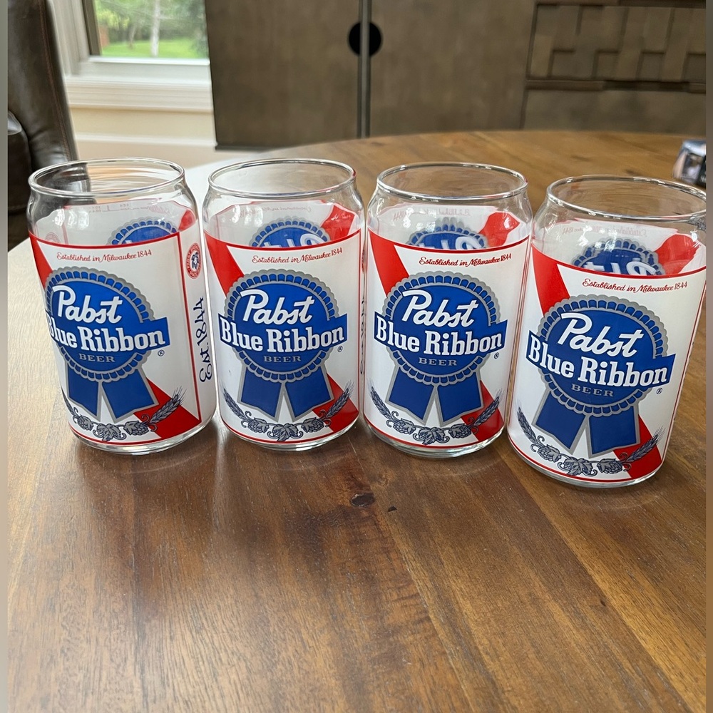 Set of 4 Vintage PBR Pabst Blue Ribbon Rockabilly Can 16 oz Beer Glasses